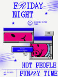 A digital graphic design poster for a comedy club or event, featuring pixelated blue text reading 'FRIDAY NIGHT' and 'HOT PEOPLE FUNNY TIME' on a light gray background with blue gradients. The center shows retro computer monitor windows displaying a bright pink cartoon pig face, with a hand cursor clicking a blue button labeled 'FOCUS IMPROV COMEDY'.